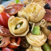 tortellini and tomatoes and pepperoni and peppers mixed on a white plate